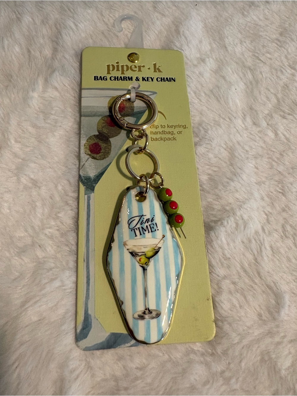 Piper olive-topped martini bag charm in blue, green, red & gold